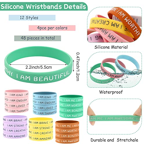 48 Pack Inspirational Silicone Wristbands for Kids – Motivational Rubber Bracelets in Fresh Colors, 12 Designs