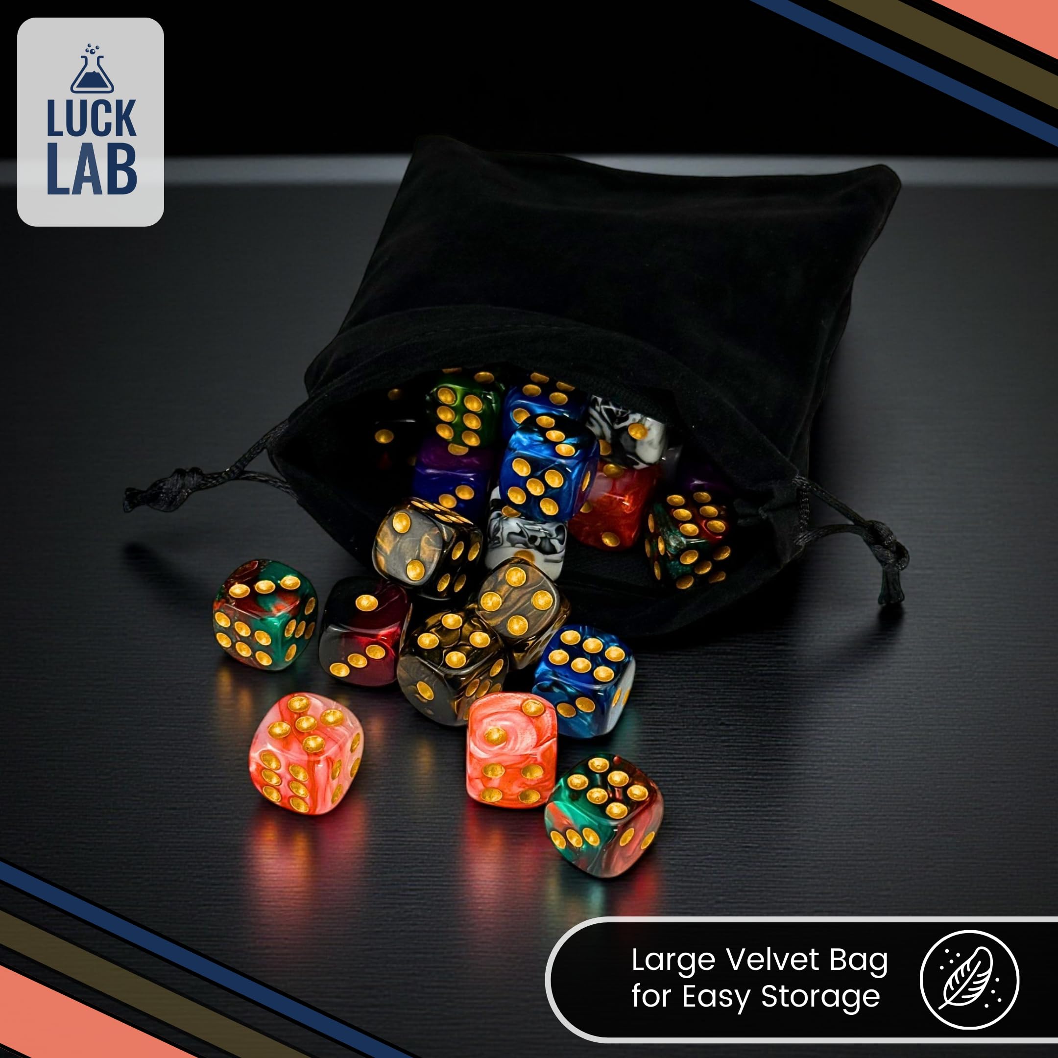 48 Pack Luck Lab 16mm Marble Swirl D6 Dice with Gold Pips and Velvet Bag