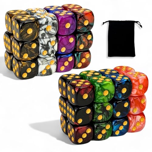 48 Pack Luck Lab 16mm Marble Swirl D6 Dice with Gold Pips and Velvet Bag