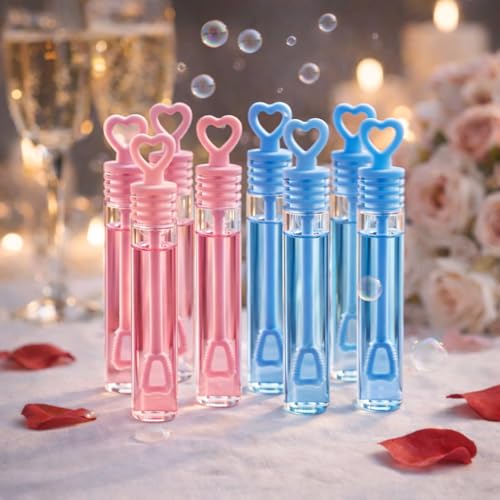 48 Pack Mini Heart Bubble Wands – Blue/Pink Wedding Favors, 4-Inch Bubble Tubes with Heart Wand by Liberty Imports