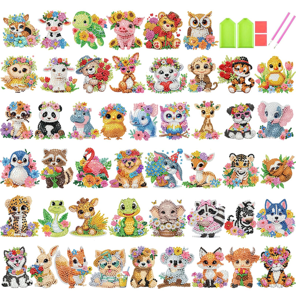 48-Piece Diamond Art Sticker Kit for Kids – Animal Gem Art Stickers, 5D Mosaic Craft for Boys Girls Ages 4-12