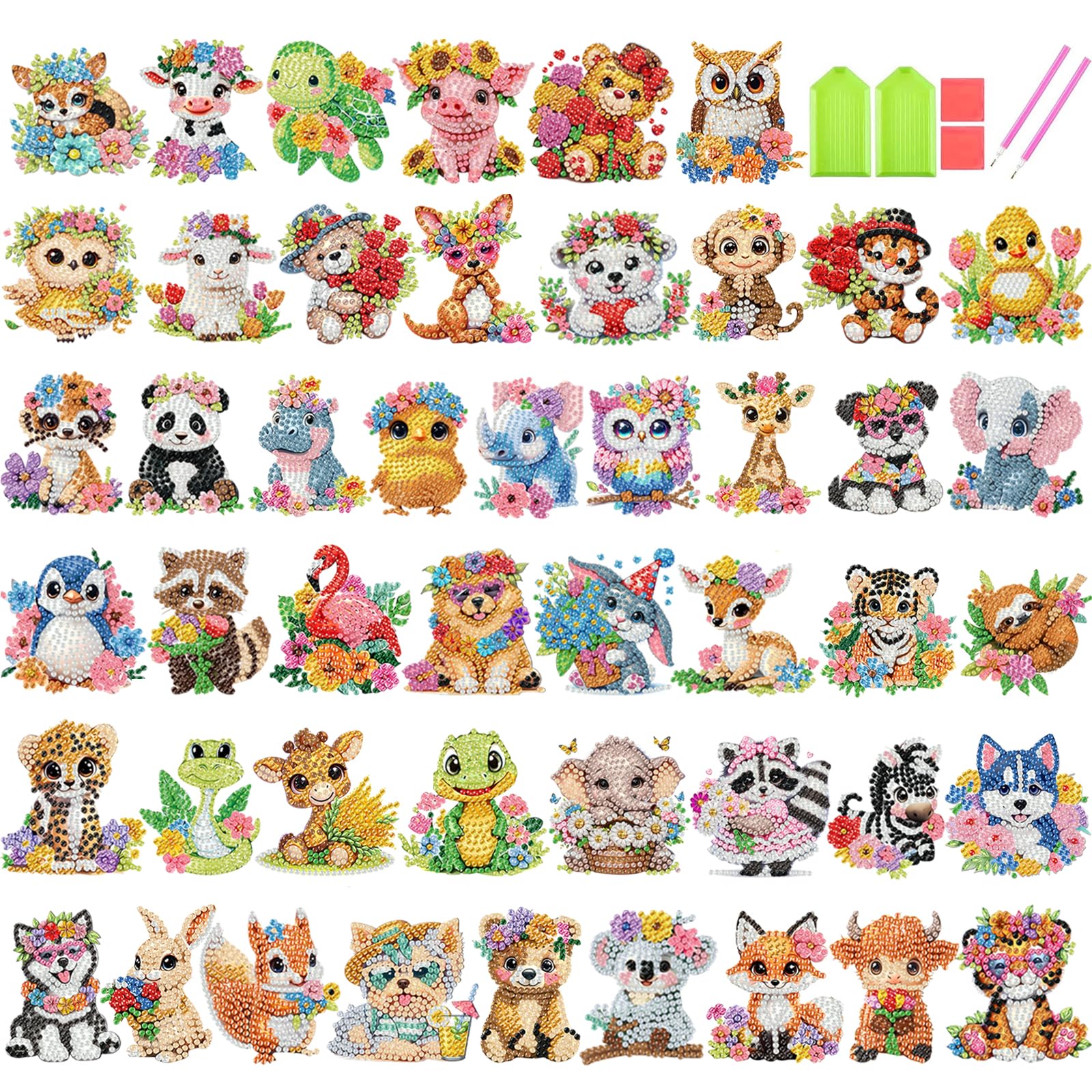 48-Piece Diamond Art Sticker Kit for Kids – Animal Gem Art Stickers, 5D Mosaic Craft for Boys Girls Ages 4-12