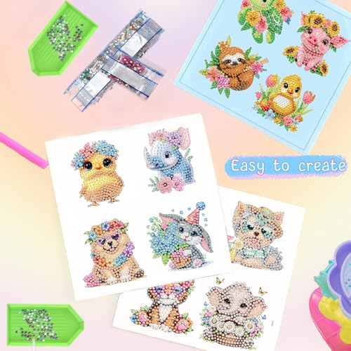 48-Piece Diamond Art Sticker Kit for Kids – Animal Gem Art Stickers, 5D Mosaic Craft for Boys Girls Ages 4-12