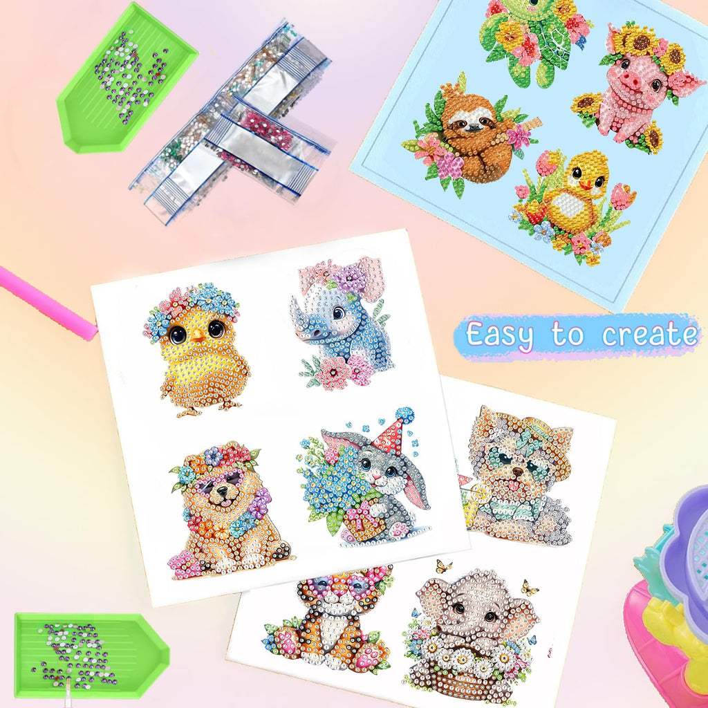 48-Piece Diamond Art Sticker Kit for Kids – Animal Gem Art Stickers, 5D Mosaic Craft for Boys Girls Ages 4-12