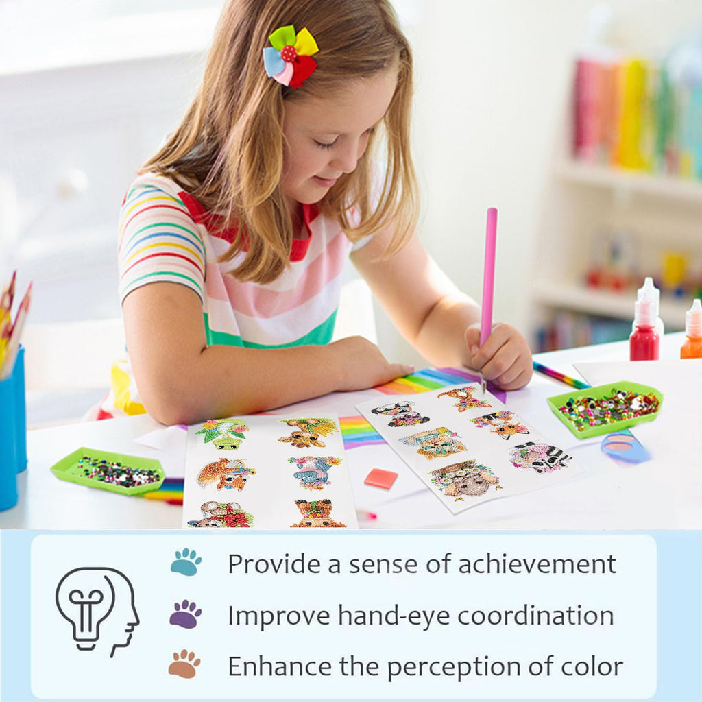 48-Piece Diamond Art Sticker Kit for Kids – Animal Gem Art Stickers, 5D Mosaic Craft for Boys Girls Ages 4-12