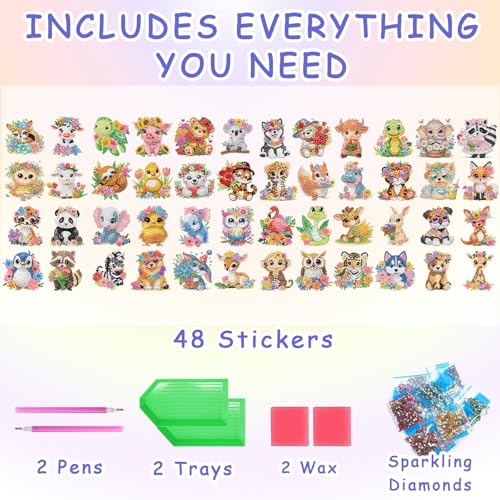 48-Piece Diamond Art Sticker Kit for Kids – Animal Gem Art Stickers, 5D Mosaic Craft for Boys Girls Ages 4-12
