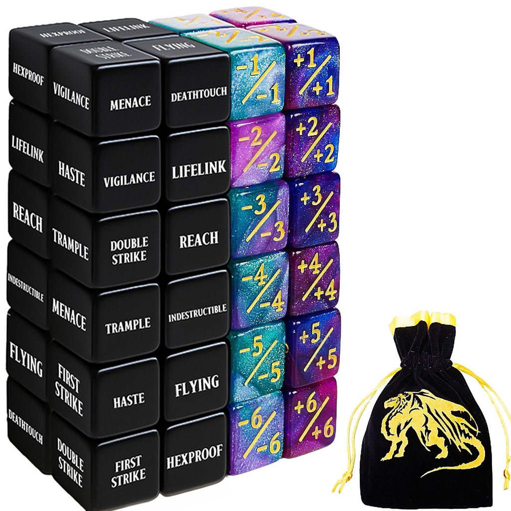 48-Piece MTG Counter Dice Set – Keyword, +1/+6 & -1/-6 Counters with Bag