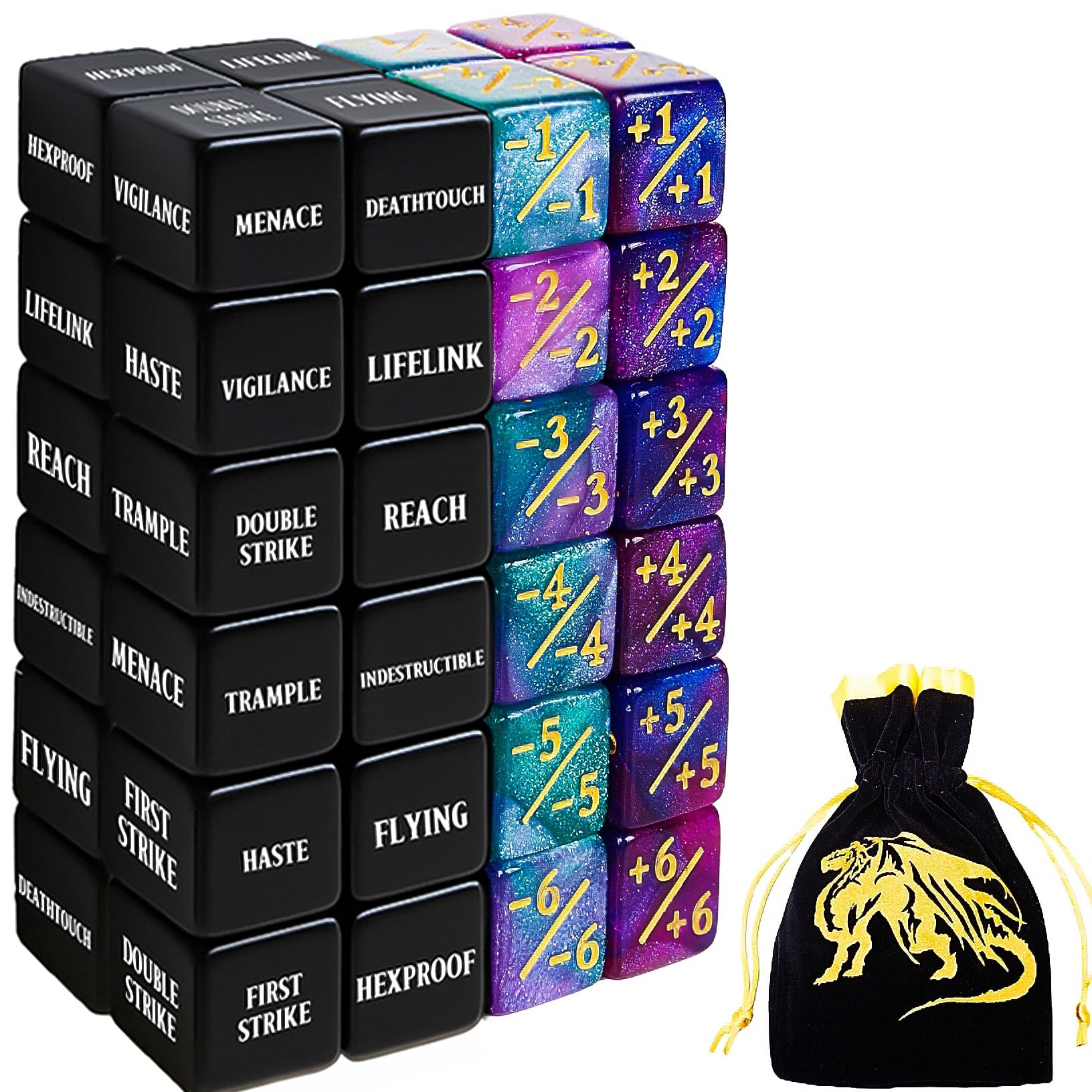 48-Piece MTG Counter Dice Set – Keyword, +1/+6 & -1/-6 Counters with Bag