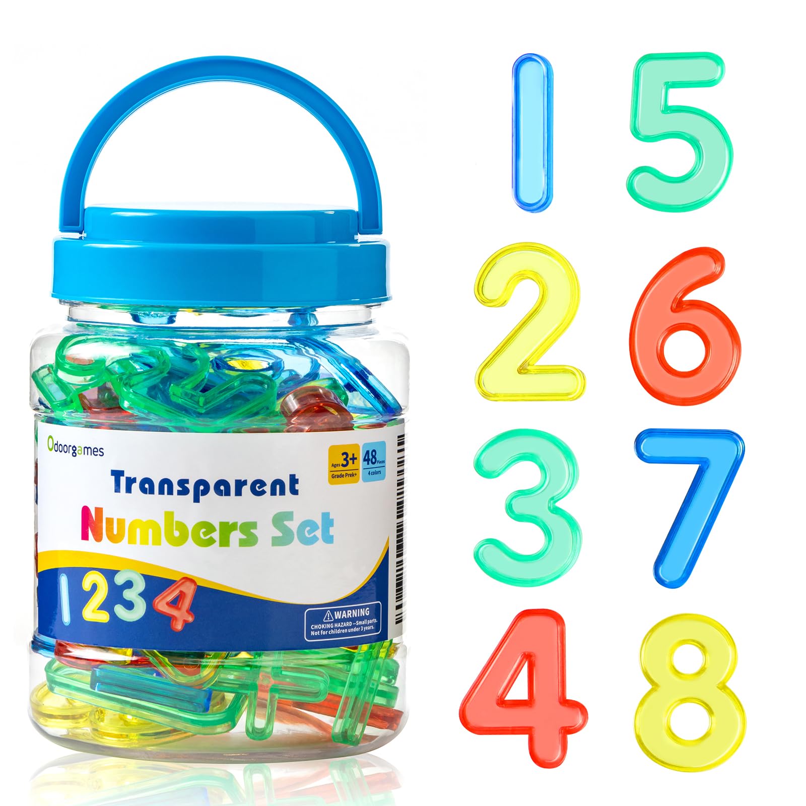 48 Translucent Number Tiles for Light Tables – 4 Sets of 1-10 & Symbols (Red, Blue, Yellow, Green)