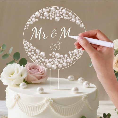 4.9-Inch Round Acrylic Cake Topper with Faux Pearls and Marker Pen by Coucoland (White)