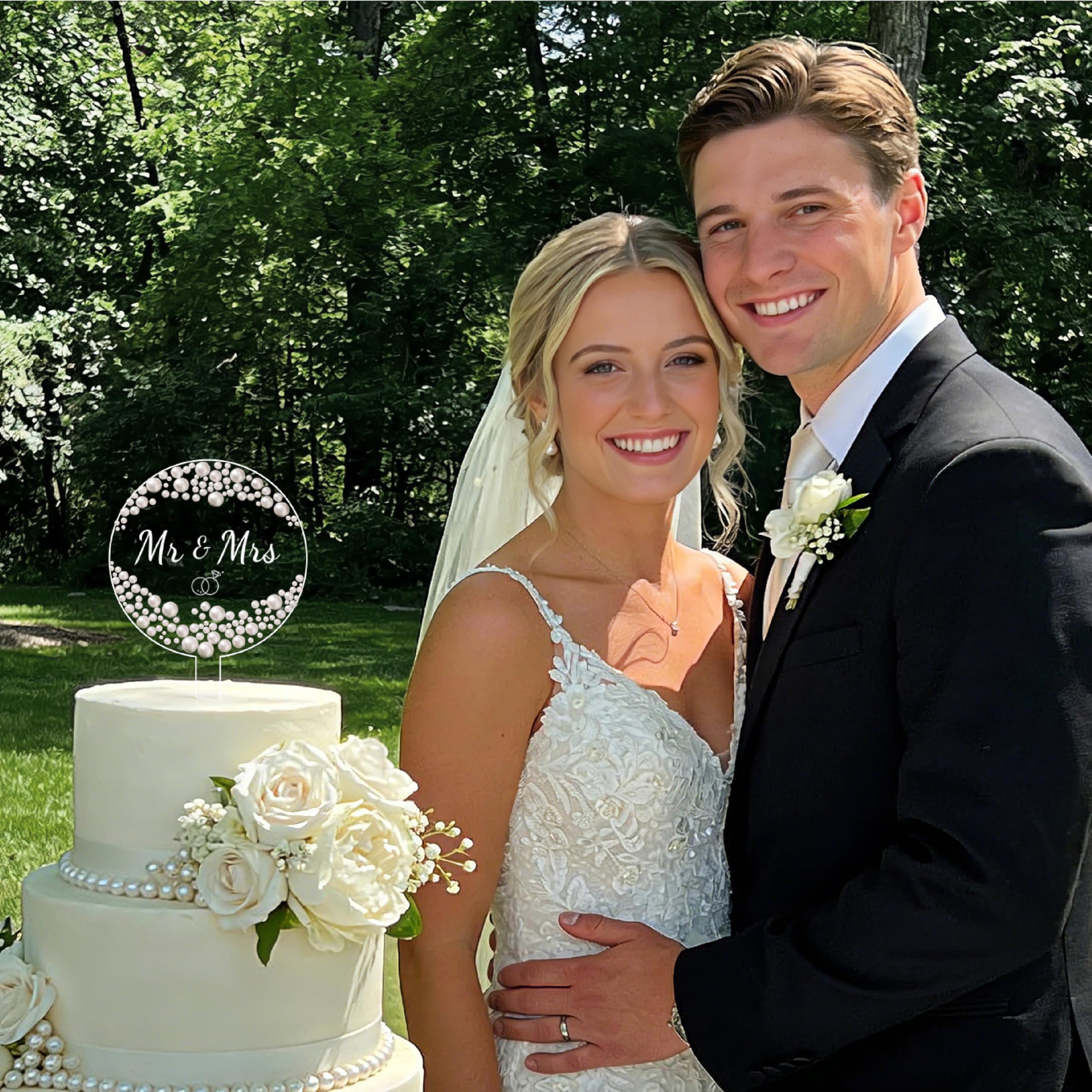 4.9-Inch Round Acrylic Cake Topper with Faux Pearls and Marker Pen by Coucoland (White)