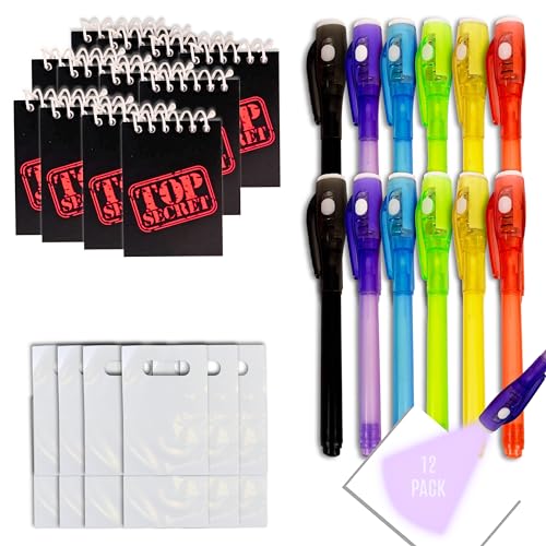4E's Novelty 12-Pack Invisible Ink Pens with UV Lights, Mini Notebooks & Goodie Bags – Spy Party Favors for Kids
