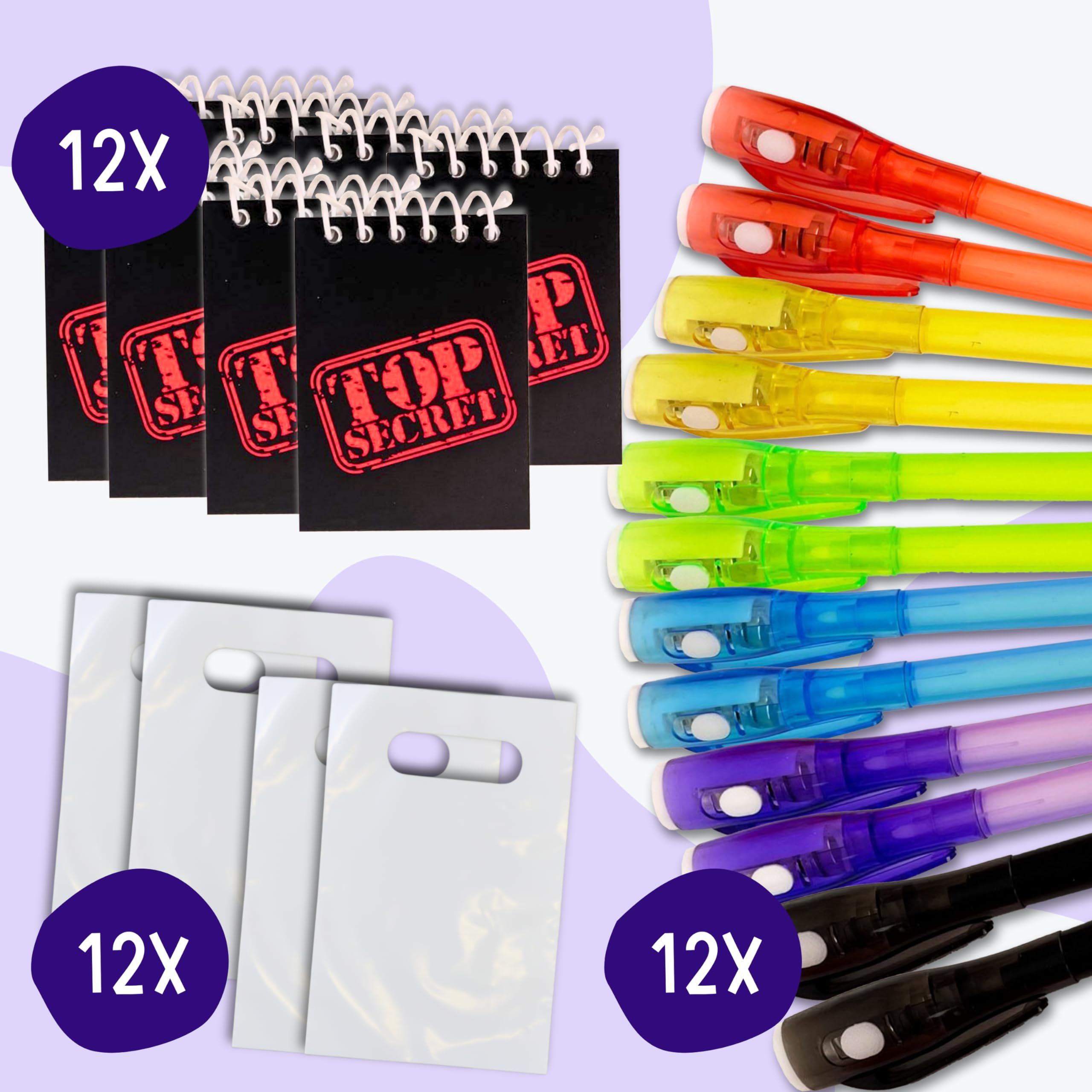 4E's Novelty 12-Pack Invisible Ink Pens with UV Lights, Mini Notebooks & Goodie Bags – Spy Party Favors for Kids