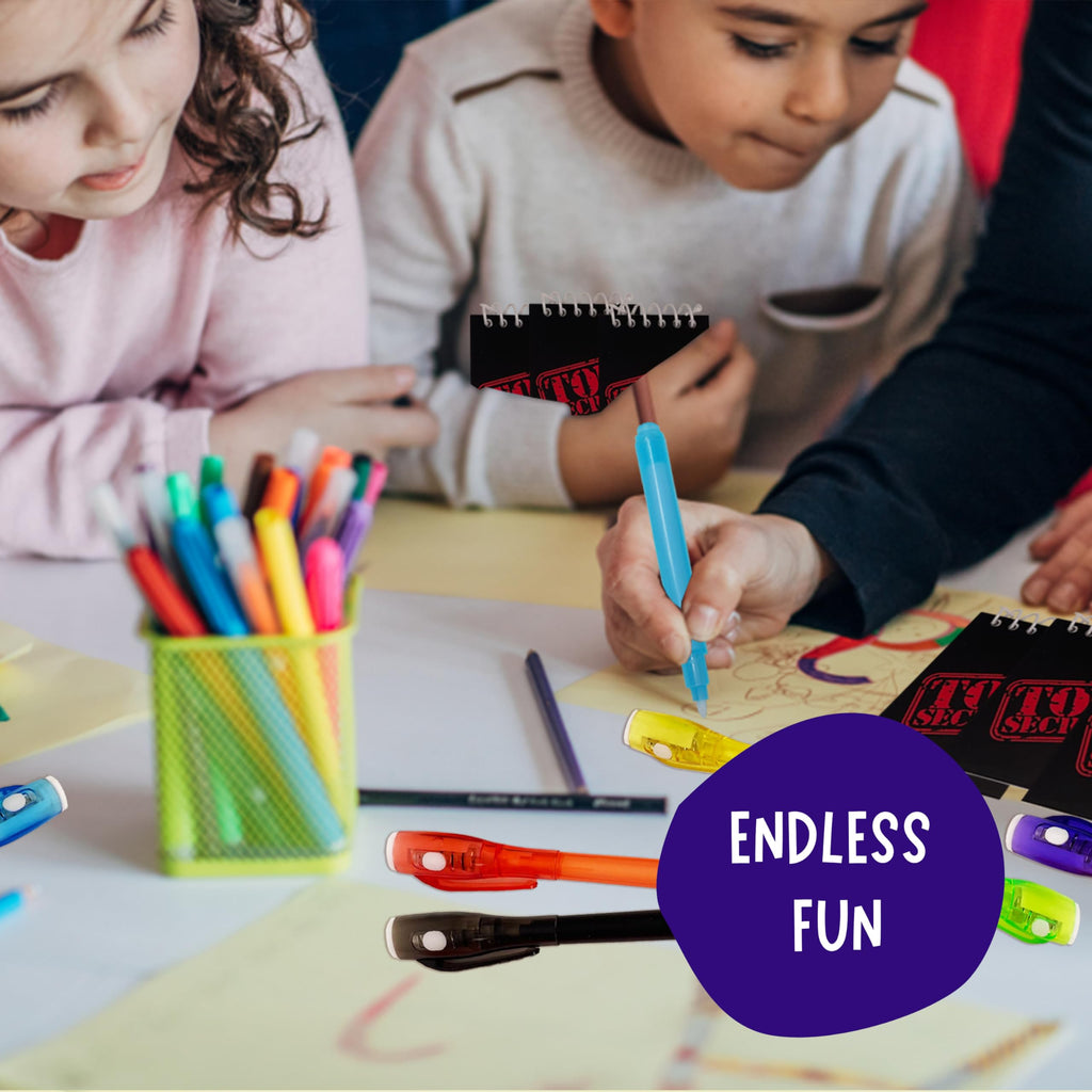 4E's Novelty 12-Pack Invisible Ink Pens with UV Lights, Mini Notebooks & Goodie Bags – Spy Party Favors for Kids