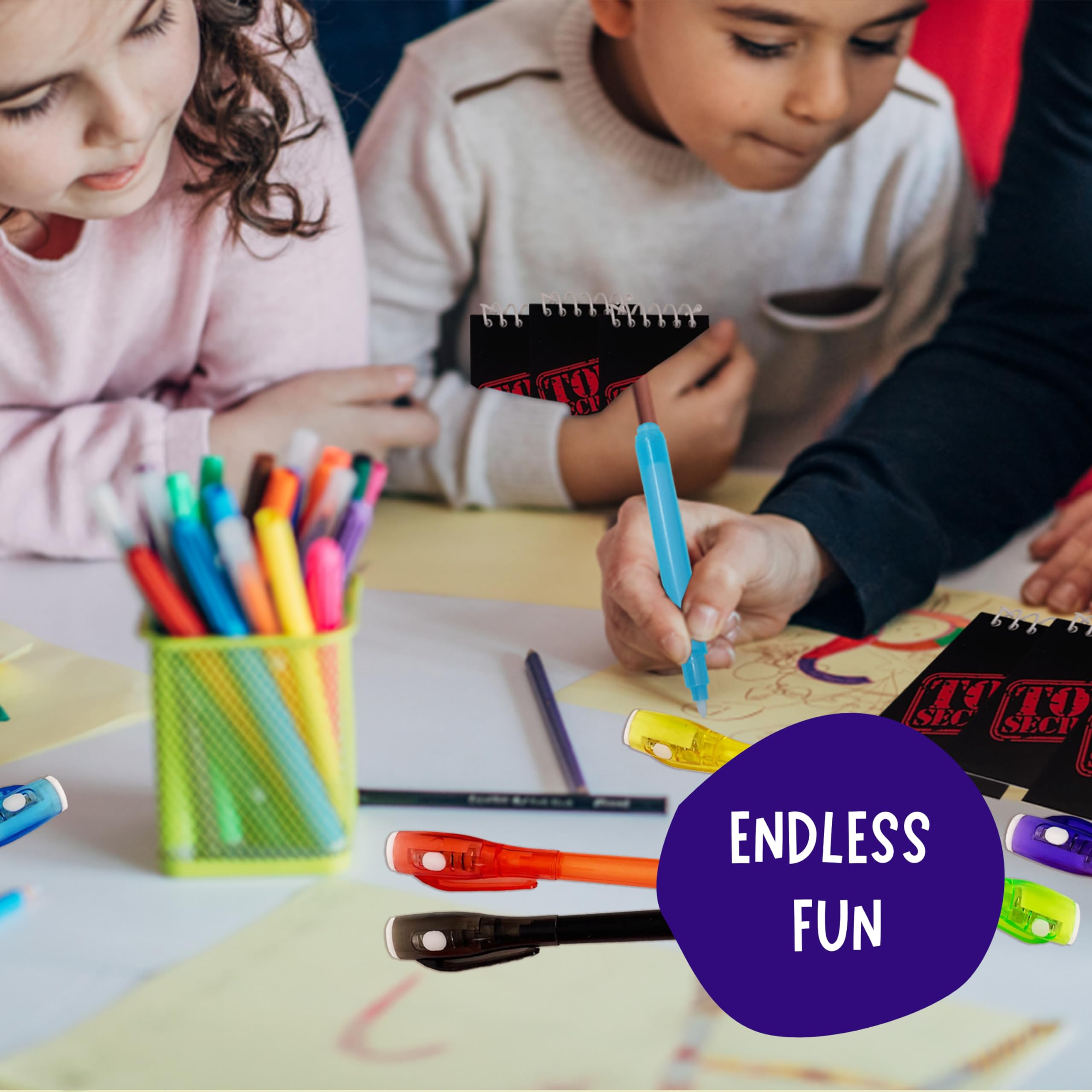 4E's Novelty 12-Pack Invisible Ink Pens with UV Lights, Mini Notebooks & Goodie Bags – Spy Party Favors for Kids