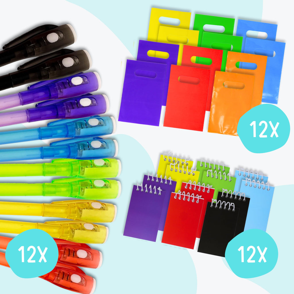 4E's Novelty 12-Pack Invisible Ink Spy Kit with UV Pens, Mini Notebooks & Goodie Bags for Kids Party Favors