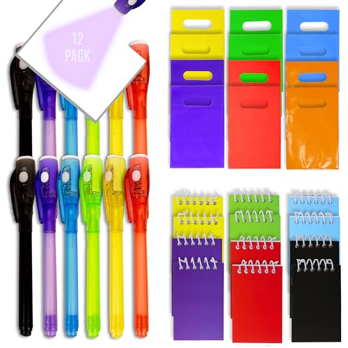 4E's Novelty 12-Pack Invisible Ink Spy Kit with UV Pens, Mini Notebooks & Goodie Bags for Kids Party Favors