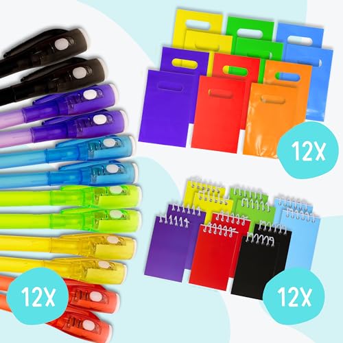 4E's Novelty 12-Pack Invisible Ink Spy Kit with UV Pens, Mini Notebooks & Goodie Bags for Kids Party Favors