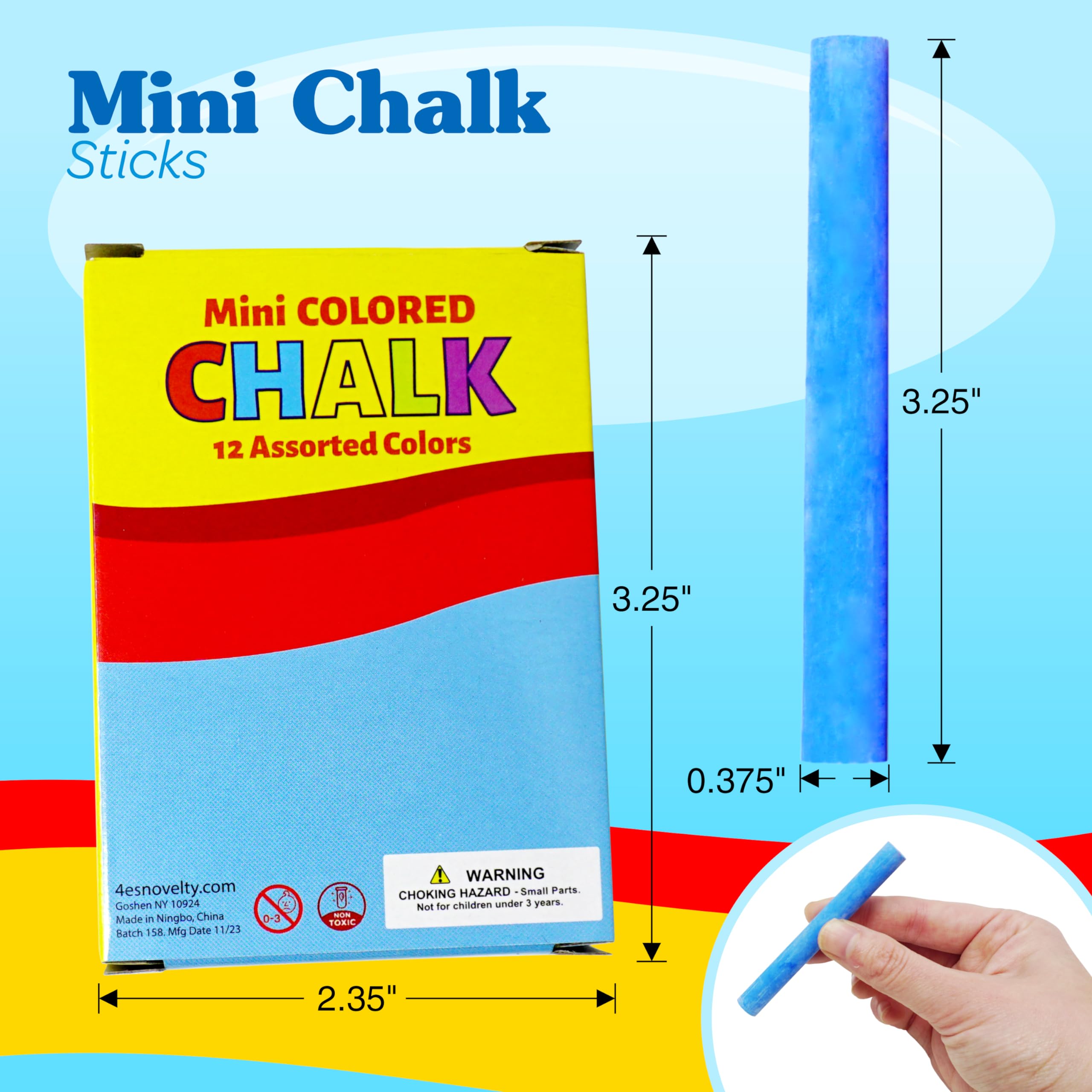 4E's Novelty 144 Mini Chalk Sets - 12 Boxes of 12 Colors, Non-Toxic Sidewalk & Blackboard Chalk for Kids Party Favors
