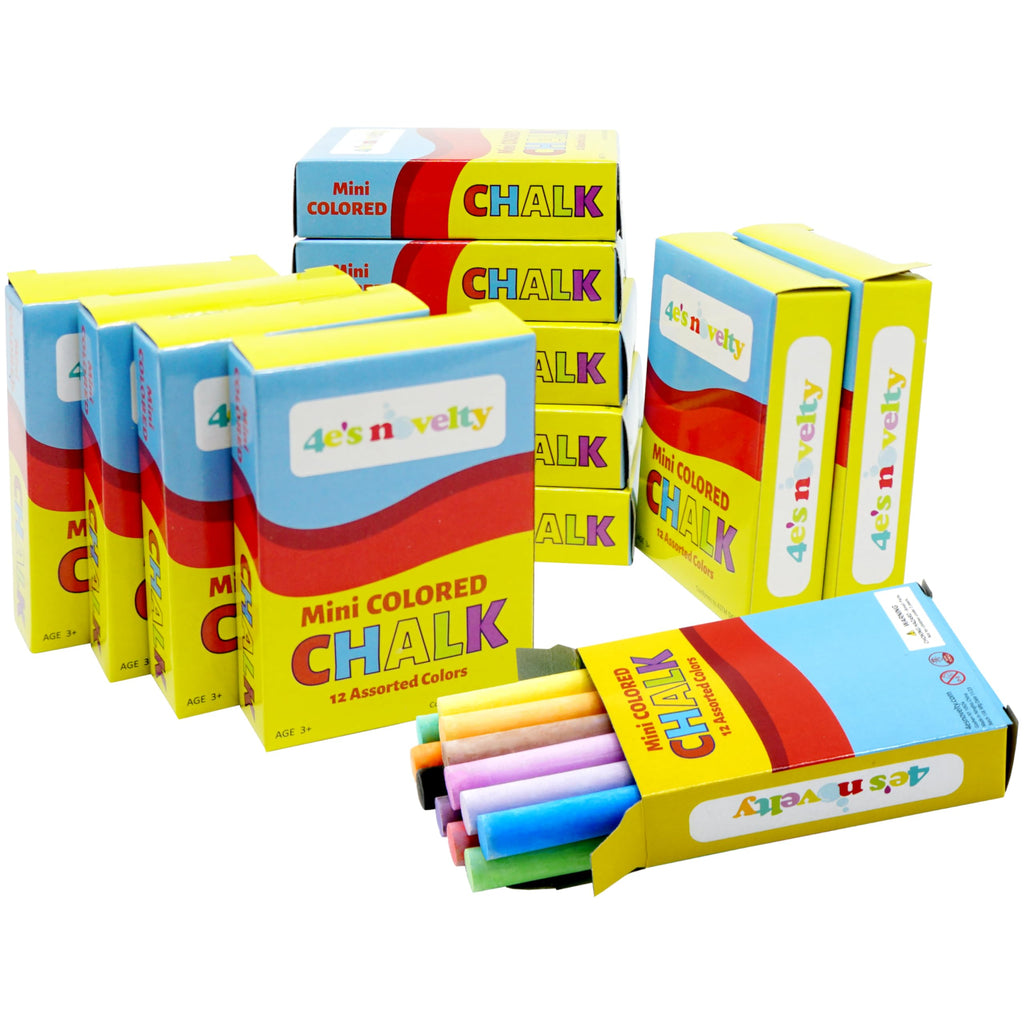 4E's Novelty 144 Mini Chalk Sets - 12 Boxes of 12 Colors, Non-Toxic Sidewalk & Blackboard Chalk for Kids Party Favors