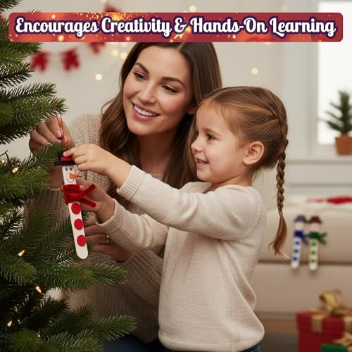 4E's Novelty Christmas Snowman Stick Ornament Craft Kit (4 Pack) – DIY Wooden Foam Ornaments for Kids, Multicolor