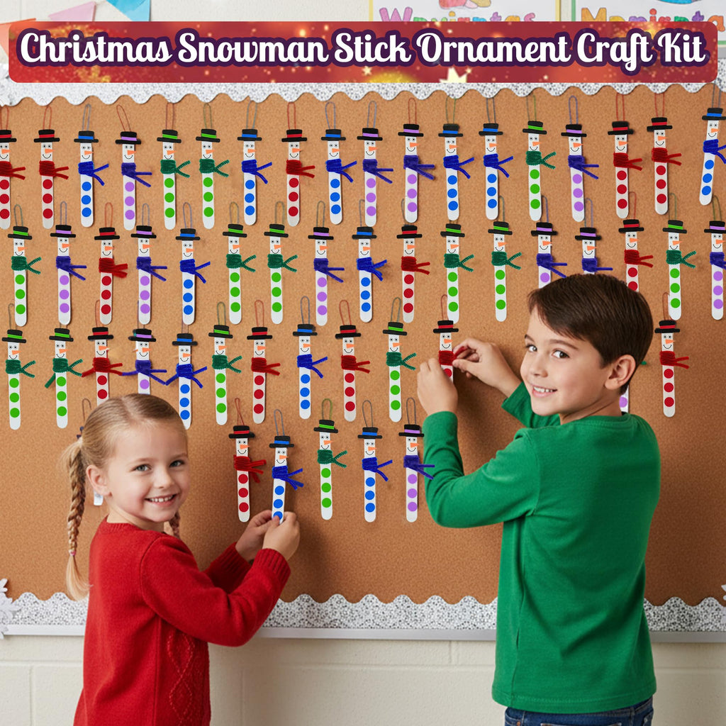 4E's Novelty Christmas Snowman Stick Ornament Craft Kit (4 Pack) – DIY Wooden Foam Ornaments for Kids, Multicolor
