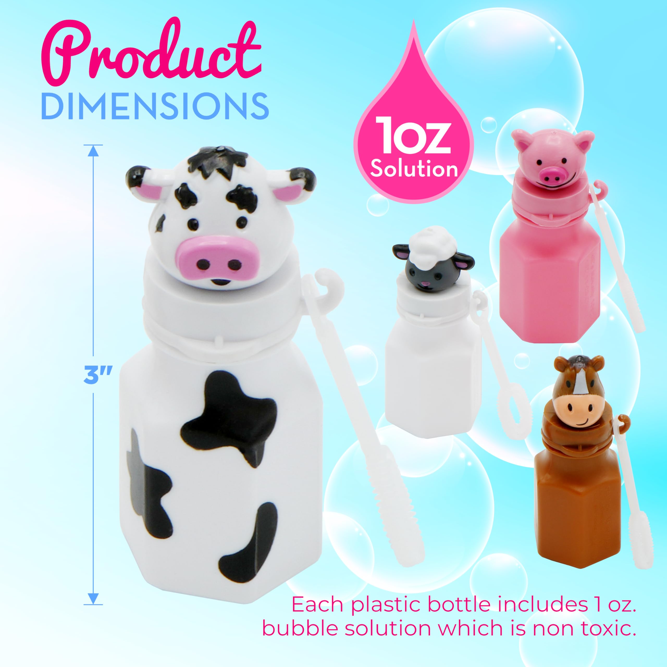 4E's Novelty Farm Animal Bubbles Party Favors – 12 Count with Horse, Sheep, Pig, and Cow