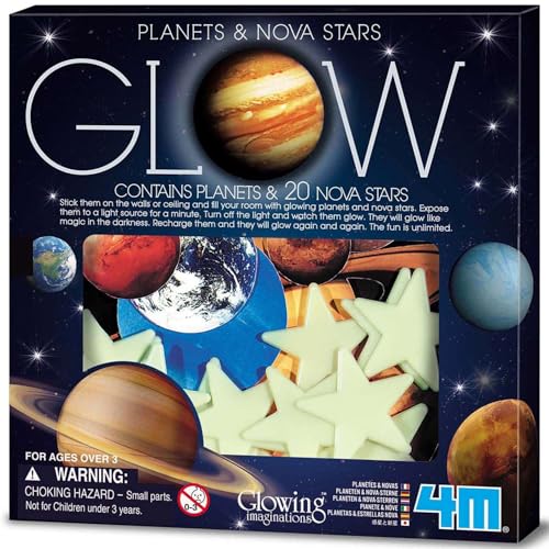 4M Glow Planets & Nova Stars - 20 Glow-in-the-Dark Wall and Ceiling Stickers for Kids Room Decoration