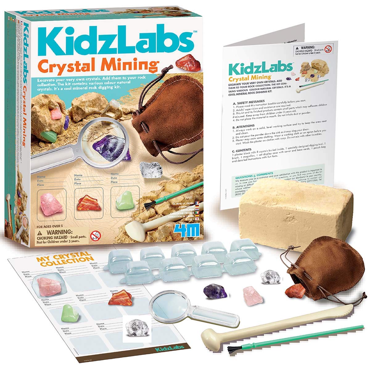 4M Kidzlabs Crystal Mining Kit – Dig for 8 Real Crystals, STEM Science Toy for Ages 5+