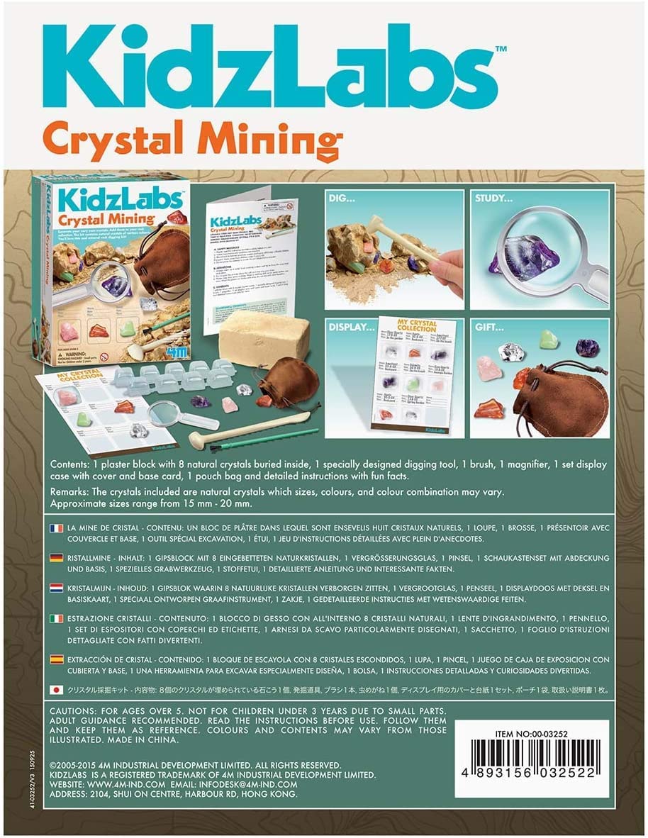 4M Kidzlabs Crystal Mining Kit – Dig for 8 Real Crystals, STEM Science Toy for Ages 5+