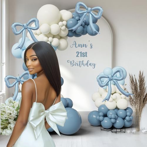 4pc Dusty Blue Bow Foil Balloons Set for Coquette Birthday, Baby Shower, Bachelorette Party Decorations