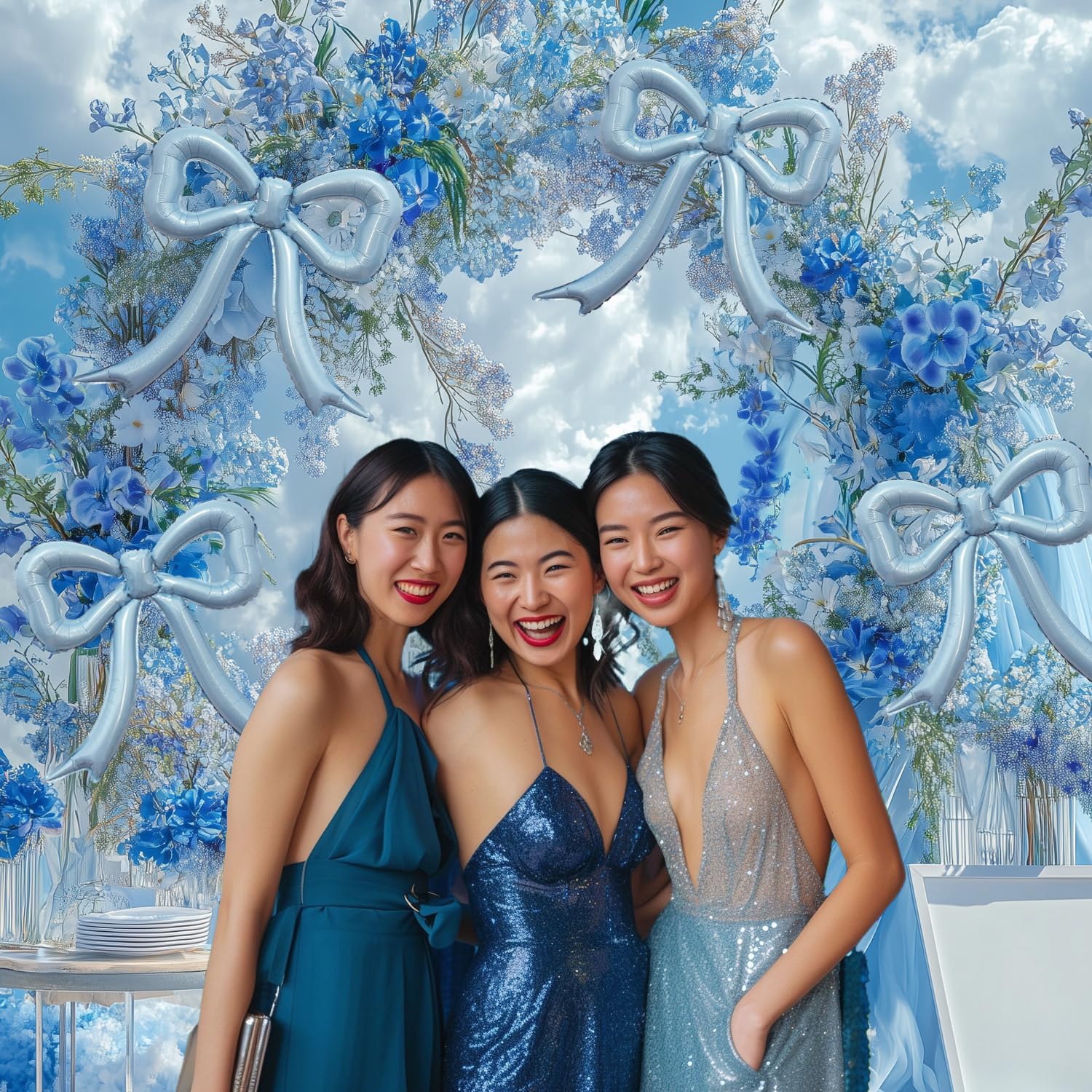 4pc Dusty Blue Bow Foil Balloons Set for Coquette Birthday, Baby Shower, Bachelorette Party Decorations