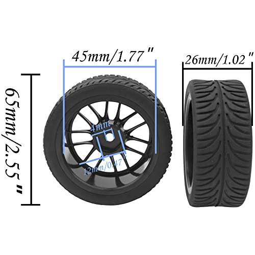 4x 1/10 RC On-Road Tires and Wheels Set 65mm 12mm Hex Silver Rims Compatible with HSP Tamiya HPI Kyosho