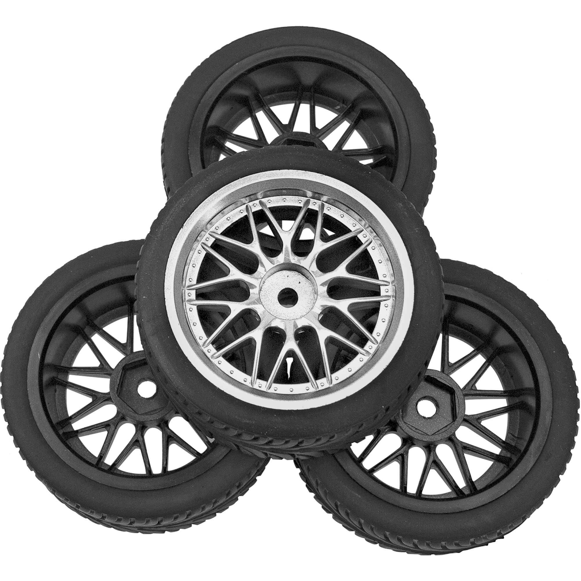 4x 1/10 RC On-Road Tires and Wheels Set 65mm 12mm Hex Silver Rims Compatible with HSP Tamiya HPI Kyosho