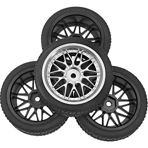4x 1/10 RC On-Road Tires and Wheels Set 65mm 12mm Hex Silver Rims Compatible with HSP Tamiya HPI Kyosho