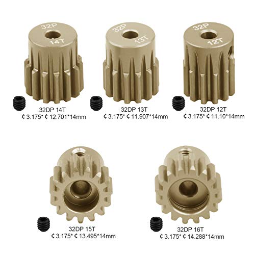 5-Pack 32DP 540 Motor Pinion Gears (12T-16T) 3.175mm Shaft for 1/10 RC Cars - Aluminum 7075
