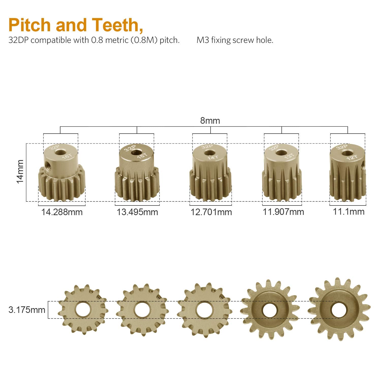 5-Pack 32DP 540 Motor Pinion Gears (12T-16T) 3.175mm Shaft for 1/10 RC Cars - Aluminum 7075