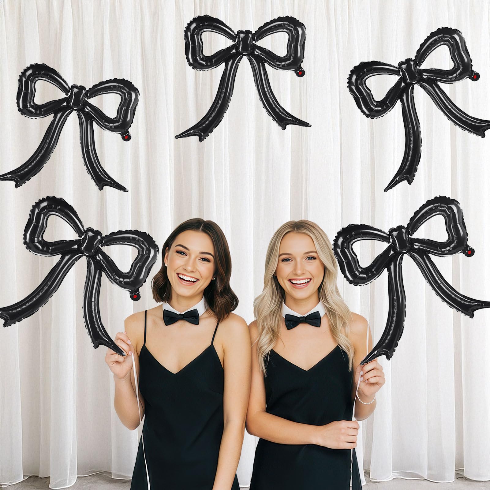 5-Pack Black Bow Balloons – Giant Foil Bow Decor for Girl Birthday, Baby Shower, Bridal & Bachelorette Parties