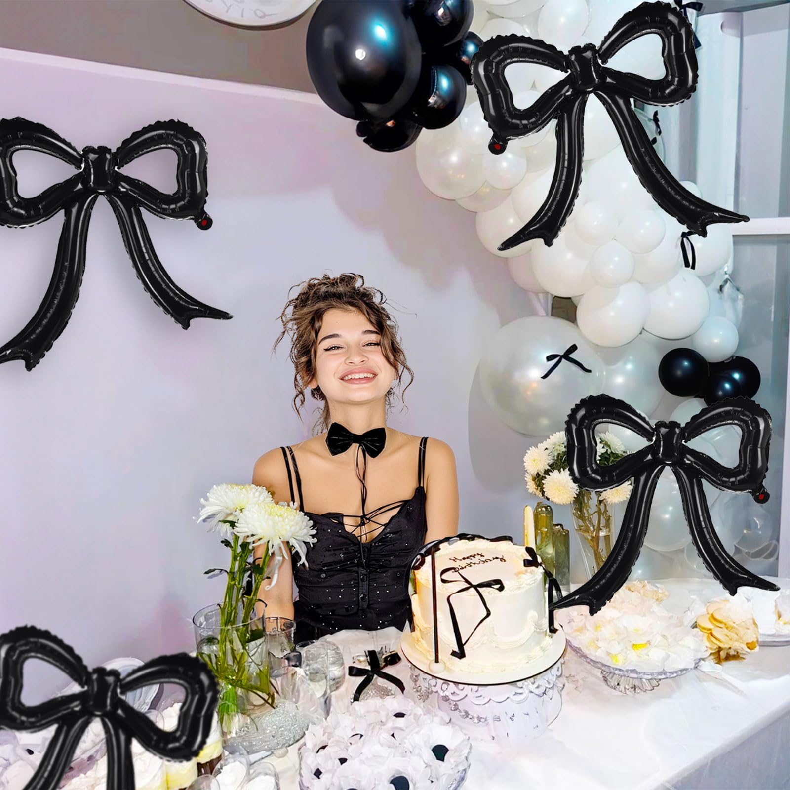 5-Pack Black Bow Balloons – Giant Foil Bow Decor for Girl Birthday, Baby Shower, Bridal & Bachelorette Parties