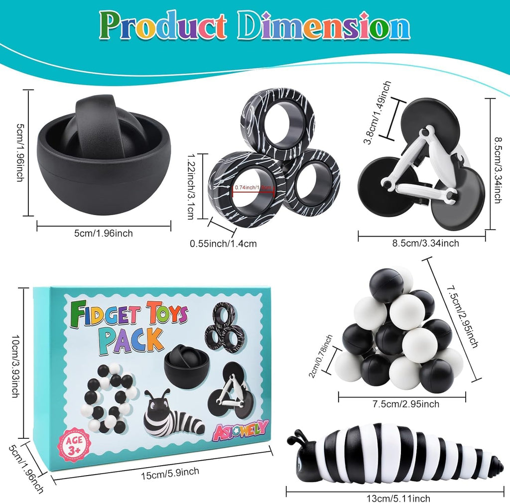 5-Pack Fidget Toy Set for Adults & Kids - Sensory Stress Relief Toys with Gyro, Slug, Magnetic Rings & Sensory Ball