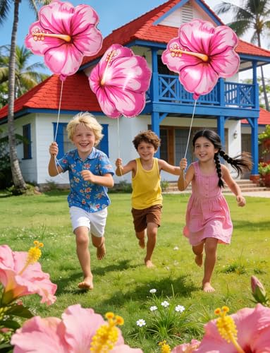 5 Pack Tropical Hibiscus Foil Balloons – 25.6 Inch Pink Flower Balloons for Luau, Hawaiian, Summer Party Decor