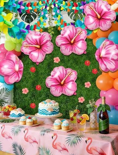 5 Pack Tropical Hibiscus Foil Balloons – 25.6 Inch Pink Flower Balloons for Luau, Hawaiian, Summer Party Decor