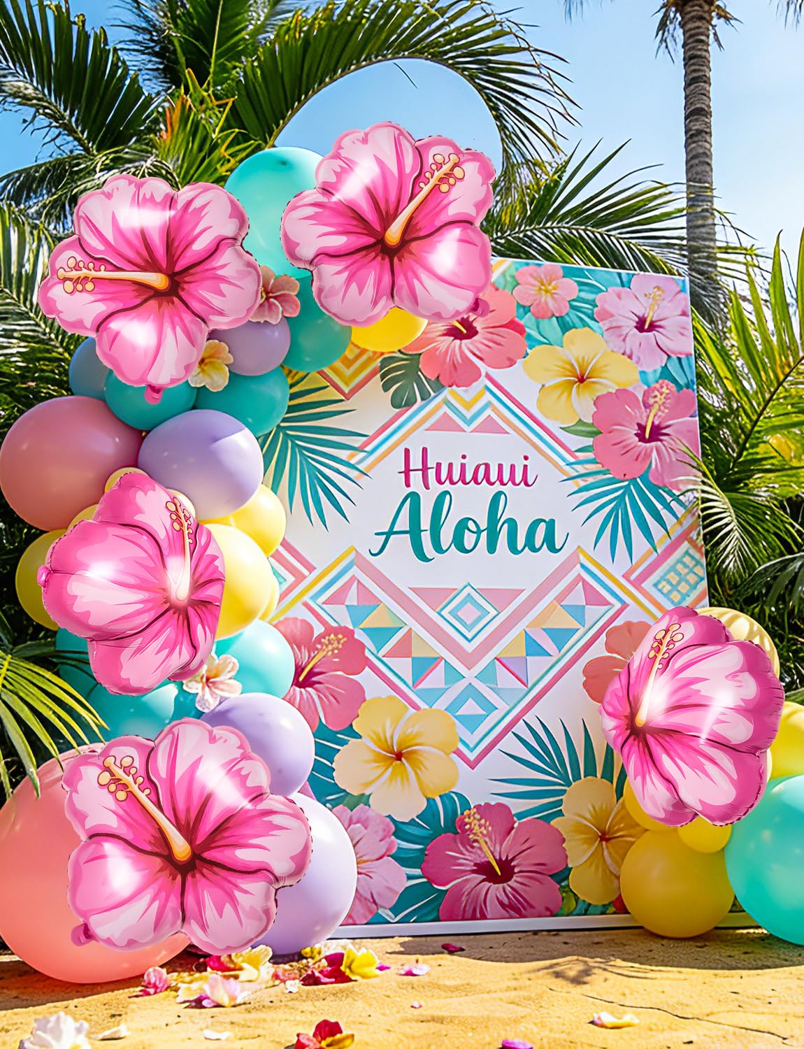 5 Pack Tropical Hibiscus Foil Balloons – 25.6 Inch Pink Flower Balloons for Luau, Hawaiian, Summer Party Decor