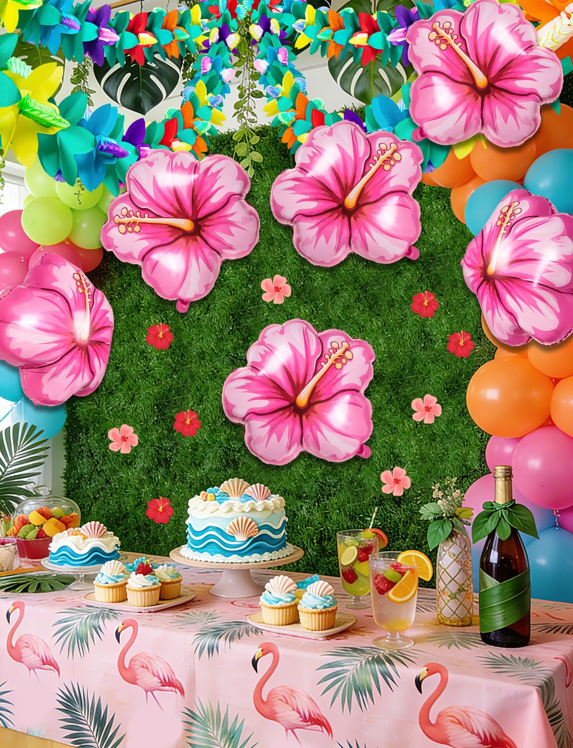 5 Pack Tropical Hibiscus Foil Balloons – 25.6 Inch Pink Flower Balloons for Luau, Hawaiian, Summer Party Decor
