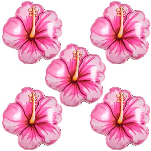 5 Pack Tropical Hibiscus Foil Balloons – 25.6 Inch Pink Flower Balloons for Luau, Hawaiian, Summer Party Decor
