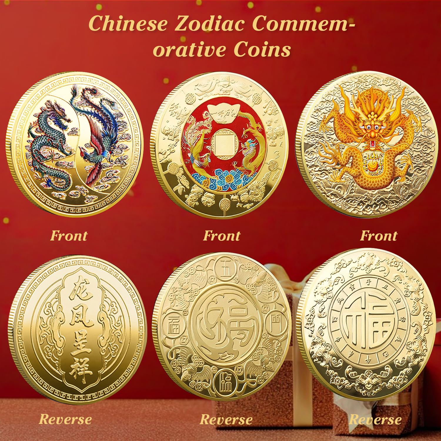5 Pcs Chinese Dragon Lucky Coin Set with Acrylic Cases – LAIAMER Zodiac Coins for Fortune Collection
