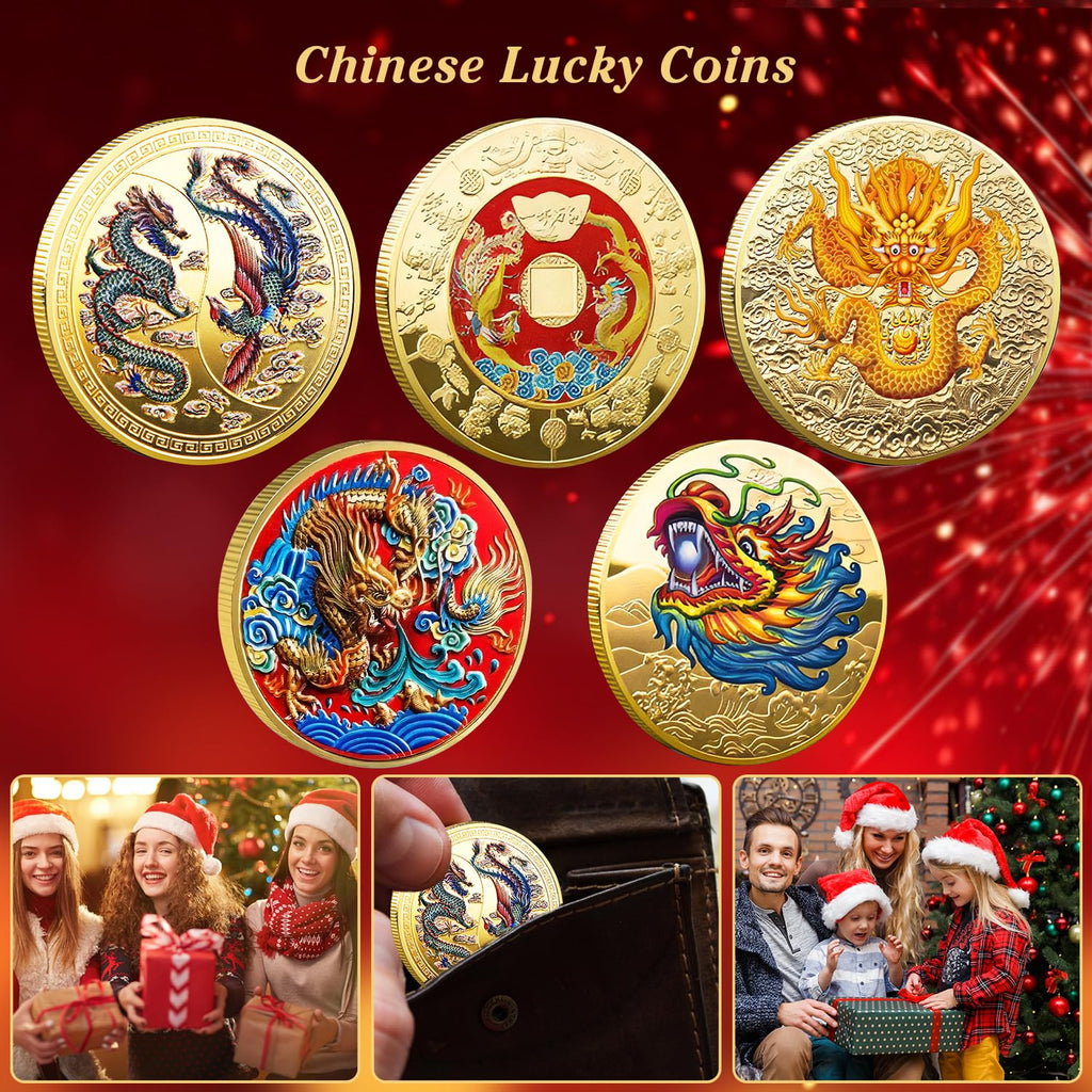 5 Pcs Chinese Dragon Lucky Coin Set with Acrylic Cases – LAIAMER Zodiac Coins for Fortune Collection