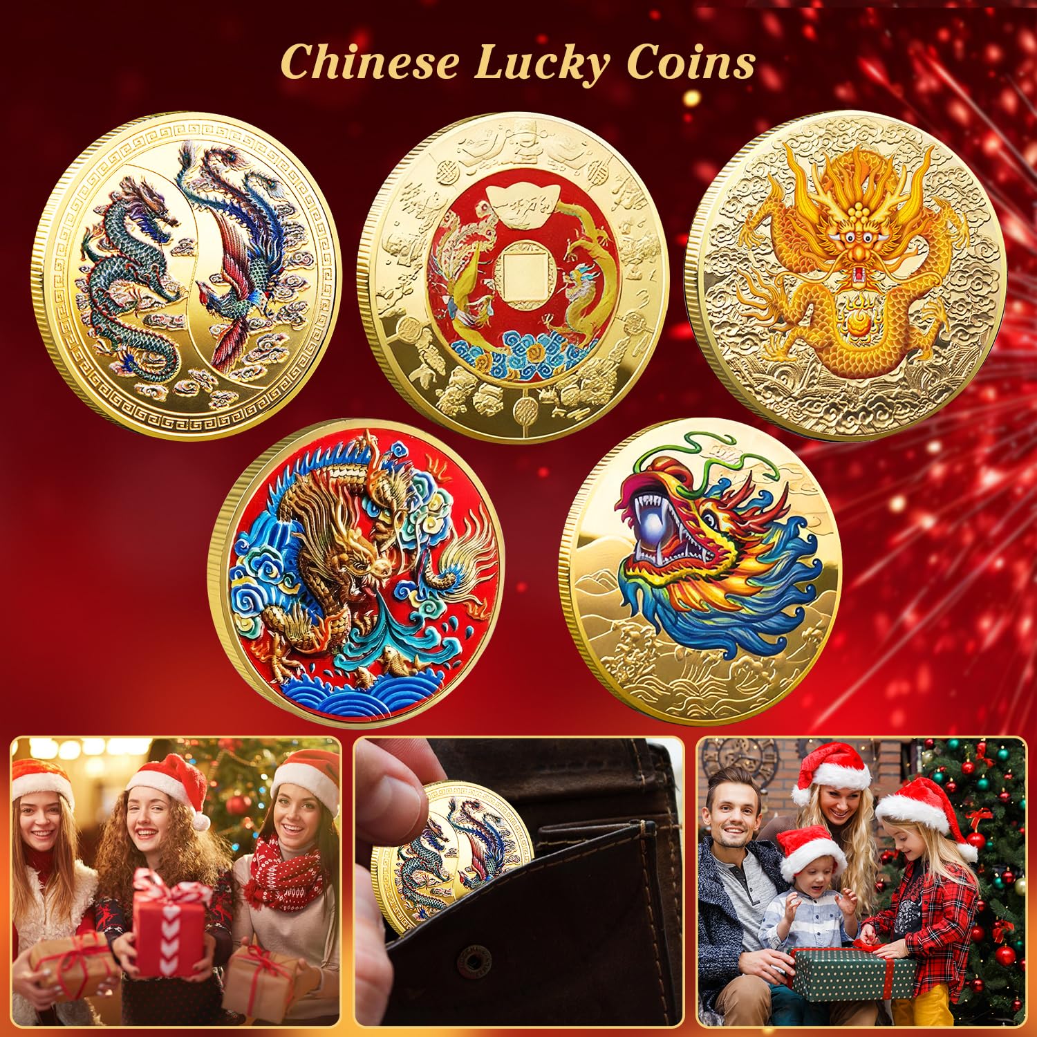 5 Pcs Chinese Dragon Lucky Coin Set with Acrylic Cases – LAIAMER Zodiac Coins for Fortune Collection