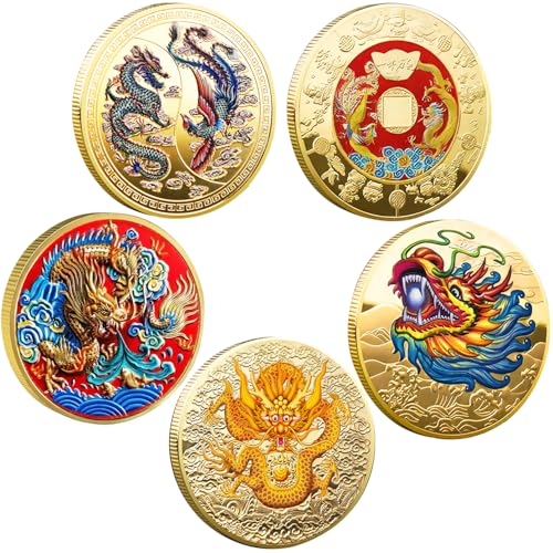 5 Pcs Chinese Dragon Lucky Coin Set with Acrylic Cases – LAIAMER Zodiac Coins for Fortune Collection