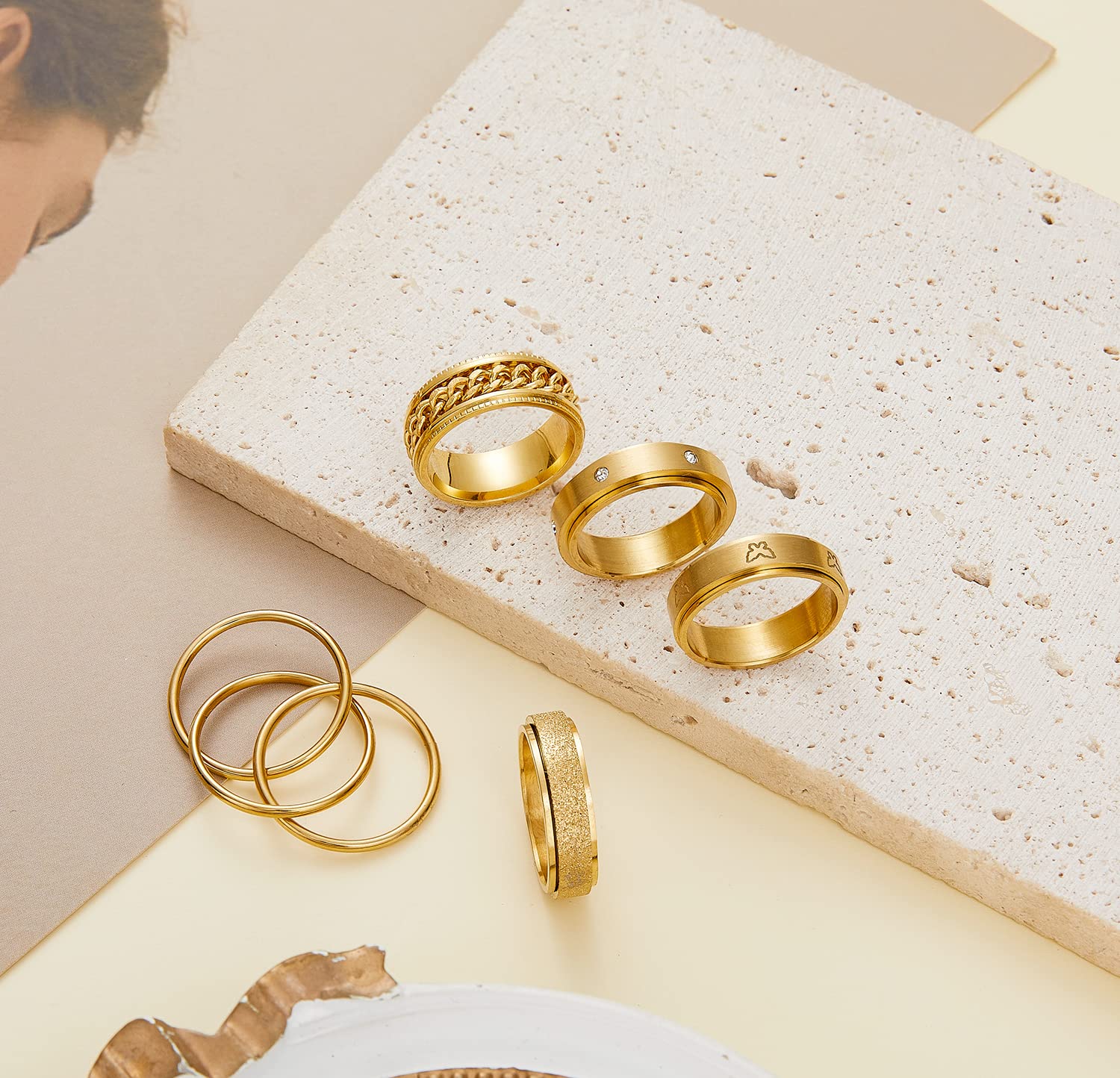 5-Piece 18K Gold Plated Fidget Rings Set – Stainless Steel Anxiety Spinner Rings for Women & Men, CZ Butterfly Chain Design, Sizes 6-9